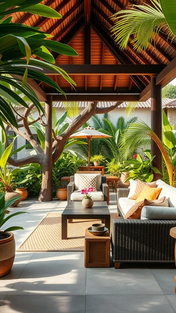 25+ Stunning Bali Garden Design Ideas You’ll Love 4 Cozy outdoor living space with comfortable seating, lush plants, and a thatched roof.