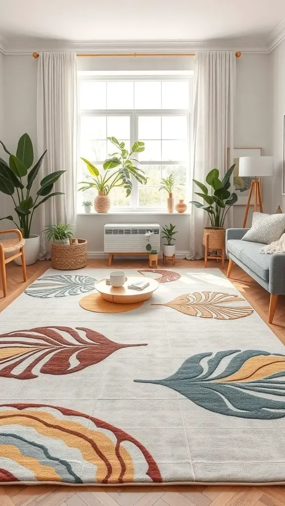 29+ Stunning Abstract Rugs to Elevate Your Living Room Decor 4 A living room featuring an abstract rug with leaf patterns, surrounded by plants and light-colored furniture.