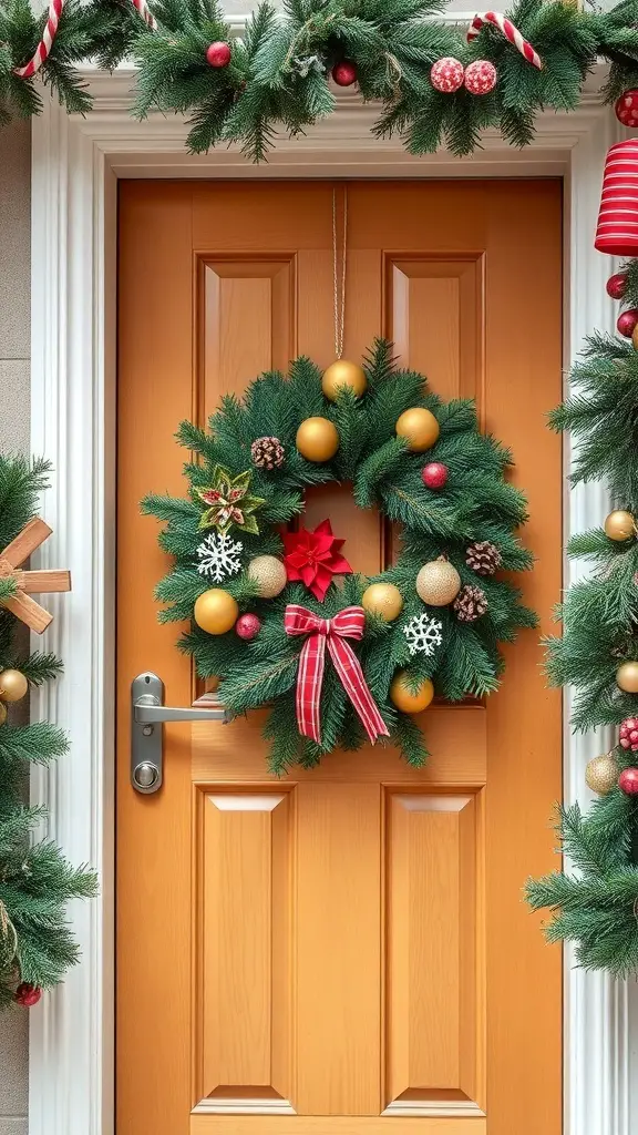 A beautifully decorated wreath on a wooden door, adorned with gold and red ornaments, pinecones, and a red bow.