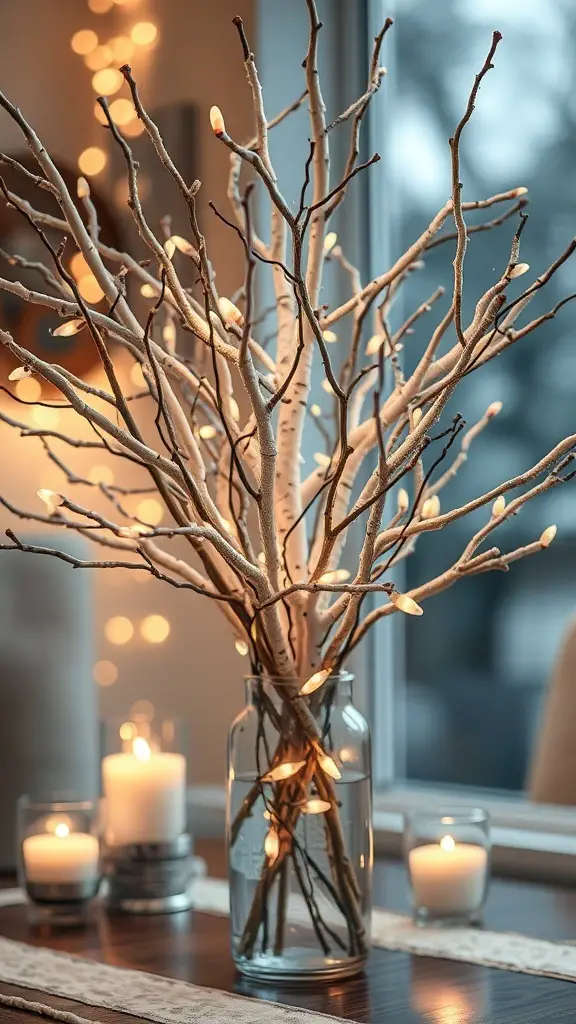 A snowy birch tree centerpiece with lights and candles