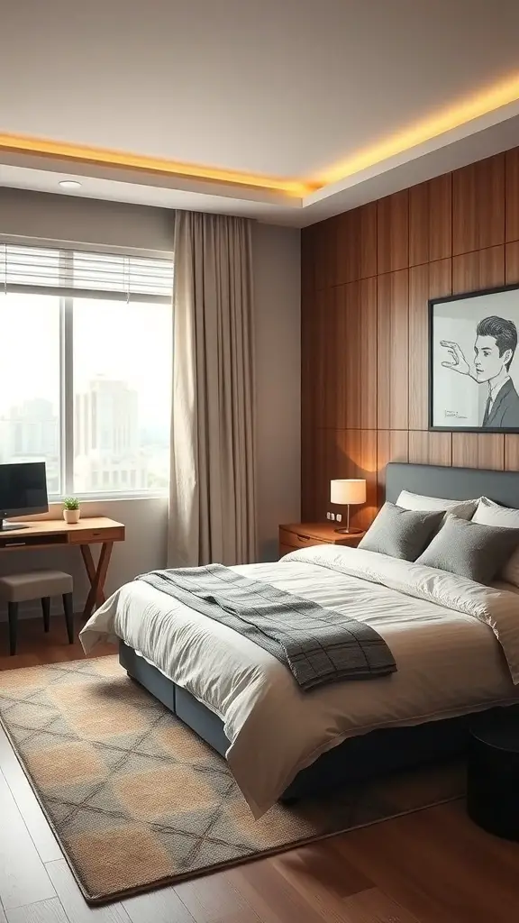 A small master bedroom with a king bed, featuring multi-functional furniture including a desk and storage solutions.