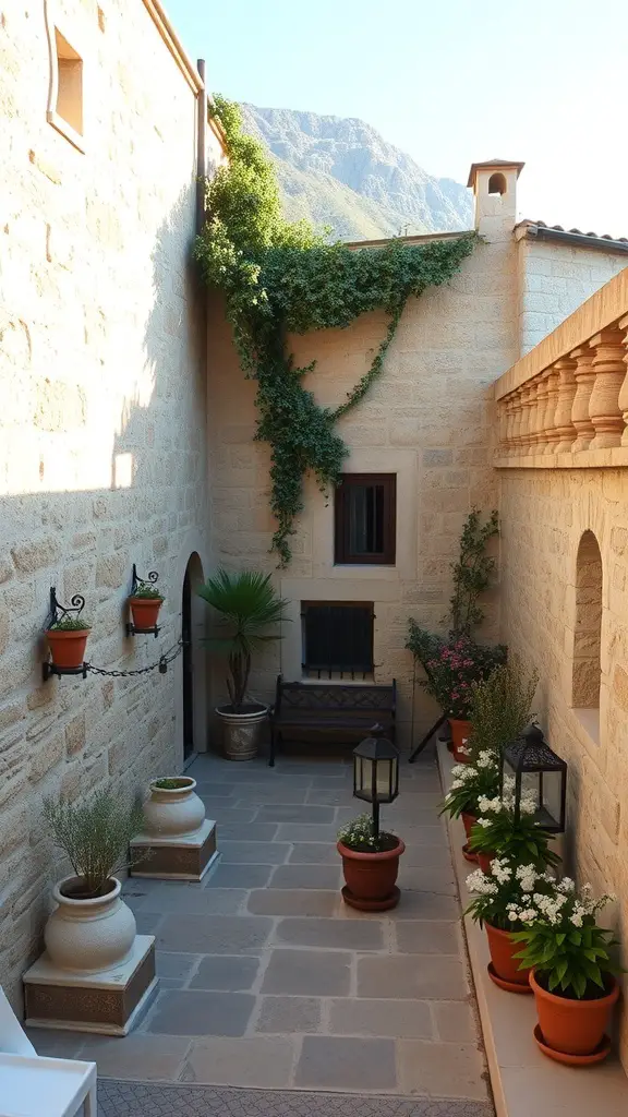25+ Stunning Mediterranean Terrace Ideas for Your Home 8 A Mediterranean terrace featuring rustic stone walls, potted plants, and a wooden bench.