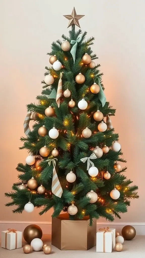 A minimalist Christmas tree decorated with gold and white ornaments, featuring a star on top and gifts at the base.