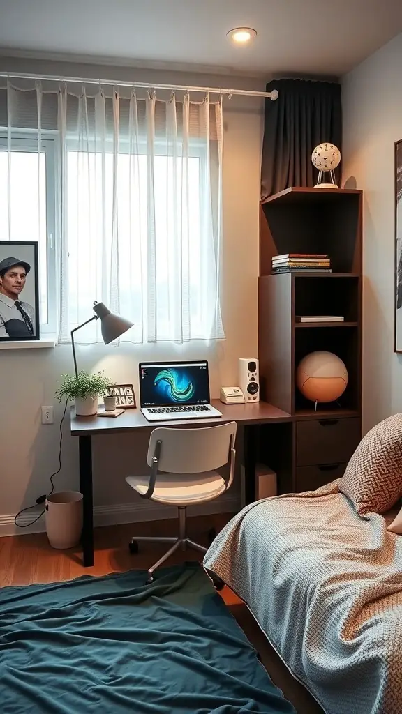 27+ Charming Small Master Room Ideas for Cozy Living 15 Cozy small master room with a functional workspace, featuring a desk, chair, and decorative elements.