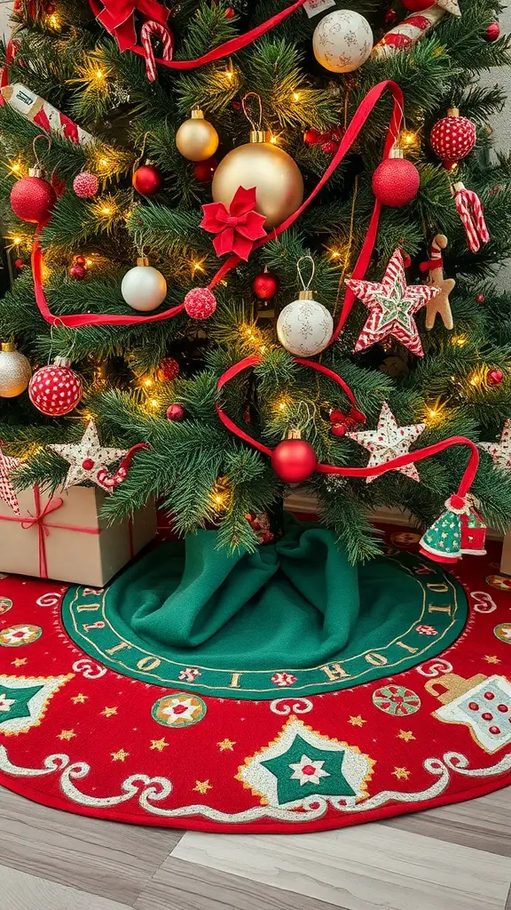 A colorful Christmas tree skirt with festive designs under a decorated Christmas tree.
