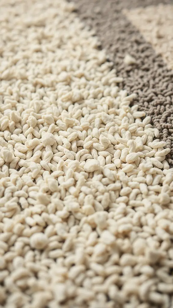 31+ Stunning Tufted Rug Designs You’ll Love 13 Close-up of a tufted rug showing soft, textured fibers in cream and brown colors.
