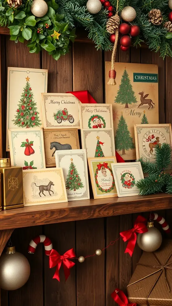A collection of vintage Christmas cards displayed on a wooden shelf, surrounded by festive decorations.