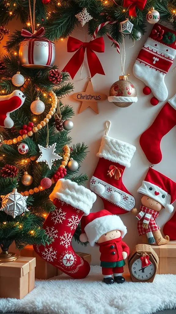A cozy Christmas scene featuring a decorated tree, colorful stockings, and festive ornaments.