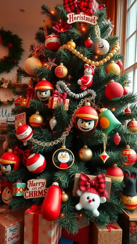 A colorful 70s Christmas tree decorated with playful ornaments and gifts