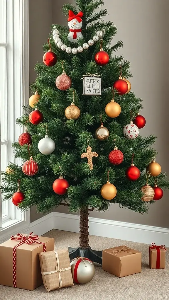 A decorated Christmas tree with red and gold ornaments, featuring a snowman topper and wrapped gifts underneath.
