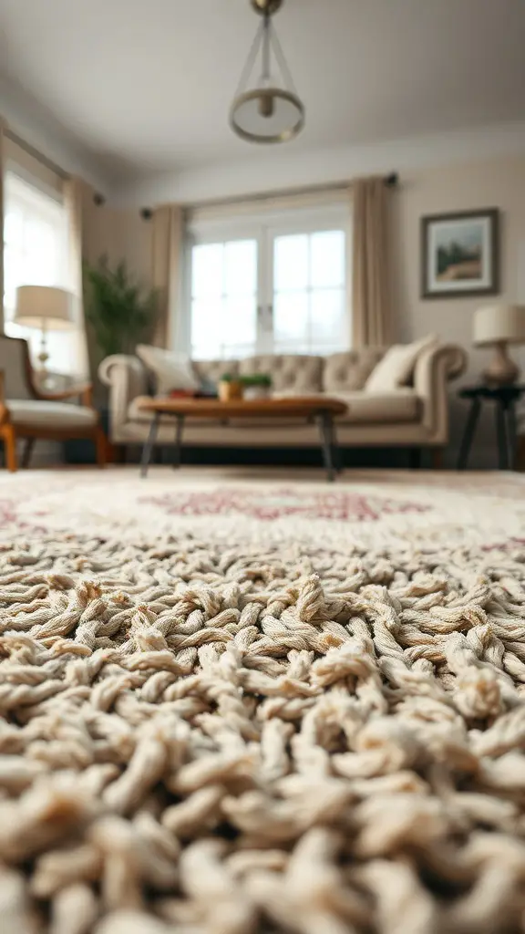 A close-up view of a textured living room rug with a cozy sofa and coffee table in the background.