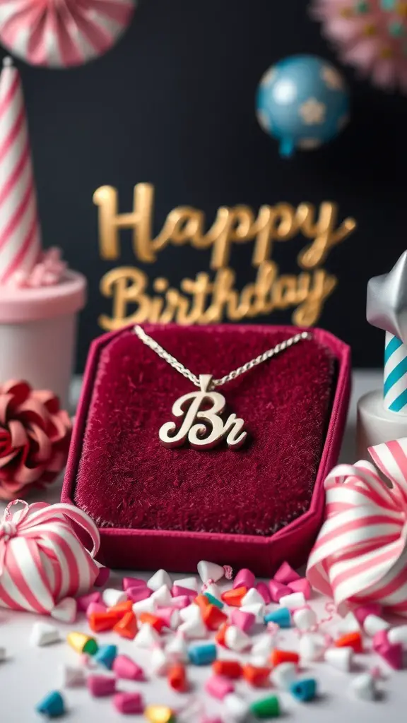 A personalized necklace with the initials 'Br' in a jewelry box, surrounded by colorful decorations and a 'Happy Birthday' sign.