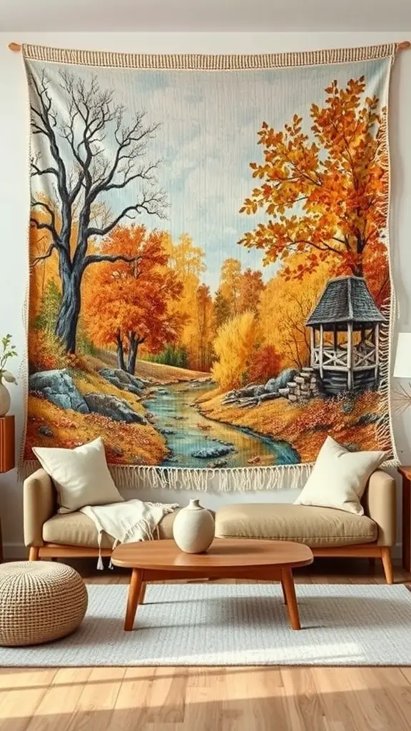 A woven wall tapestry depicting an autumn landscape with colorful trees and a gazebo.