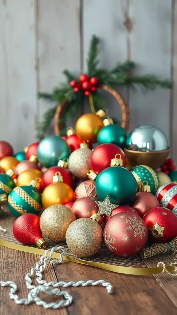 A collection of vintage Christmas ornaments in various colors and designs, arranged on a wooden surface with festive decorations.