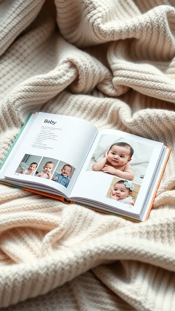 An open baby memory book with baby photos on a soft blanket.