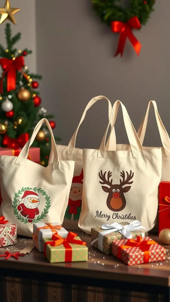 Customized tote bags with Christmas designs, surrounded by wrapped gifts and a Christmas tree.
