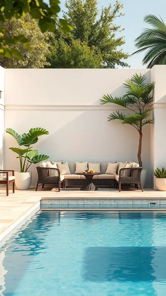 25+ Stunning Mediterranean Pool Designs to Enhance Your Outdoor Oasis 13 A serene Mediterranean pool area with cozy seating and lush greenery.