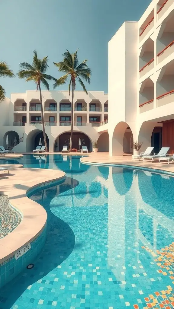 29+ Stunning Resort Pool Designs to Inspire Your Backyard Oasis 14 A resort pool with unique flowing shapes, surrounded by palm trees and modern architecture.