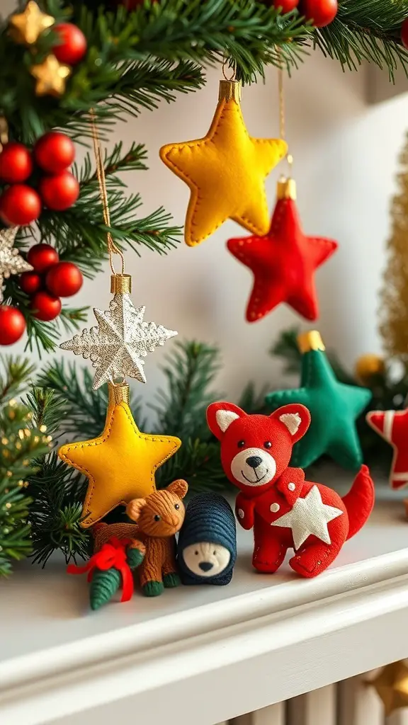 Colorful eco-friendly felt ornaments including stars and animal figures hanging on a decorative garland.