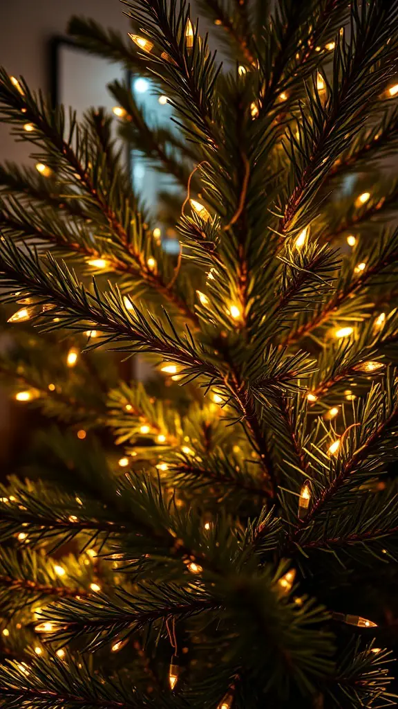 Close-up of a Christmas tree with twinkling gold fairy lights