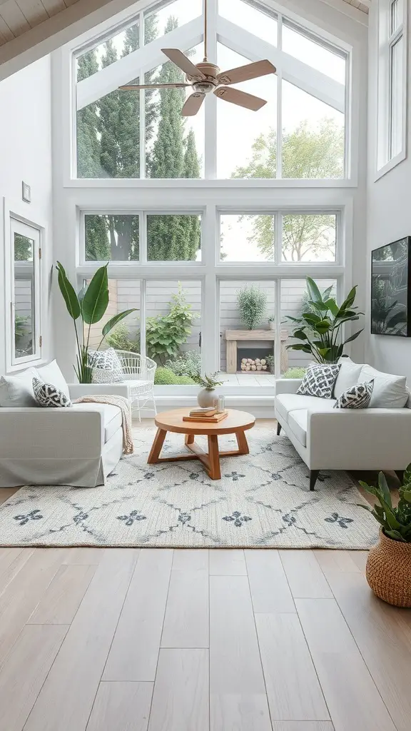 29+ Stylish Living Room Area Rug Ideas to Transform Your Space 13 A bright living room with large windows, light furniture, and an outdoor-inspired rug.