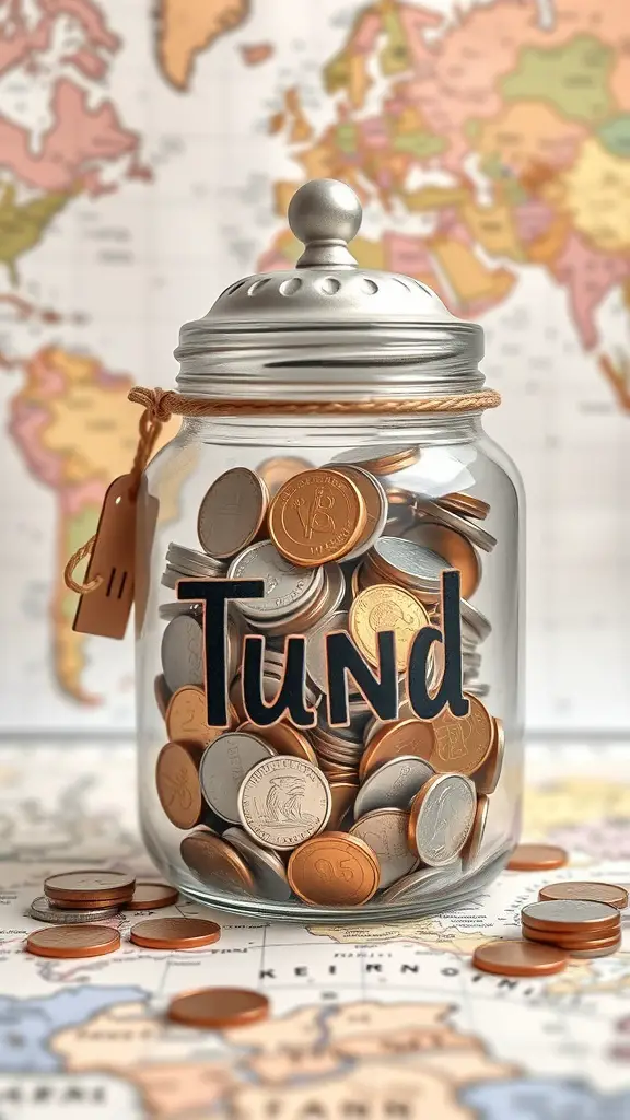27+ Unique Wedding Gifts for Every Couple 11 A glass jar labeled 'Fund' filled with coins, placed on a map.