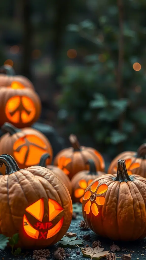 A collection of carved pumpkins featuring peace signs and flowers, glowing warmly in a natural setting.