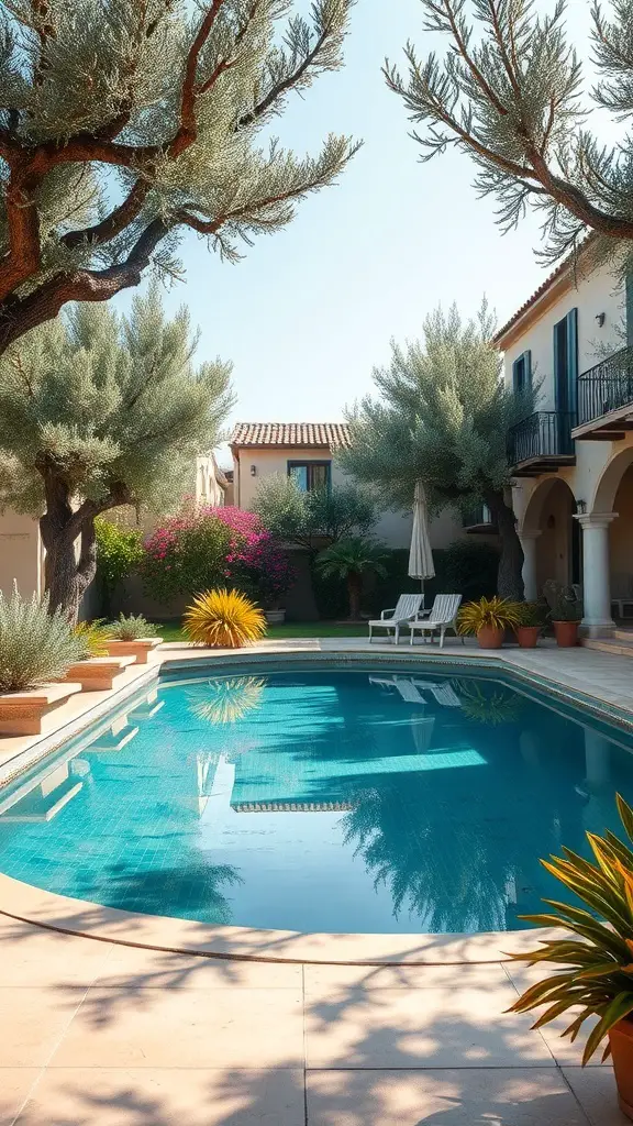 25+ Stunning Mediterranean Pool Designs to Enhance Your Outdoor Oasis 6 A beautiful Mediterranean pool surrounded by lush olive trees and colorful plants.