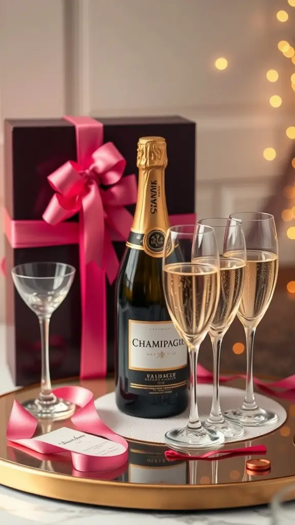 A wine or champagne gift set featuring a bottle of champagne, elegant glasses, and a beautifully wrapped gift box with a pink ribbon.