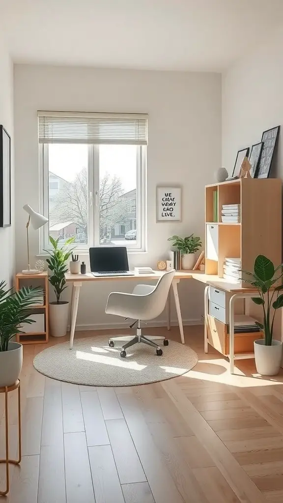29+ Small Room Makeover Ideas to Maximize Space and Style 12 A small, bright home office with a desk, chair, plants, and natural light.