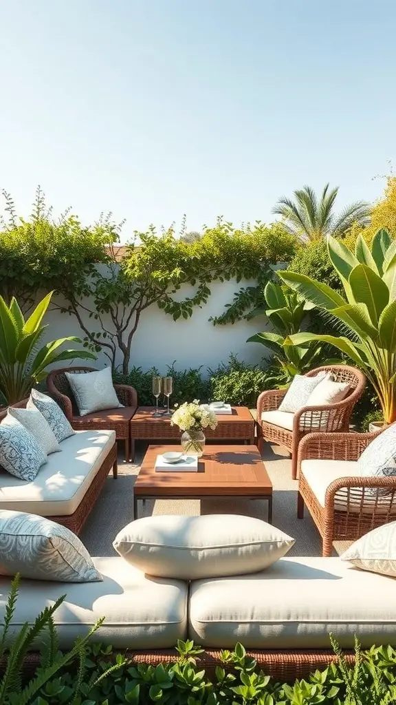 23+ Stunning Mediterranean Patio Ideas for Your Outdoor Oasis 9 Cozy outdoor lounge area with wicker furniture and lush greenery