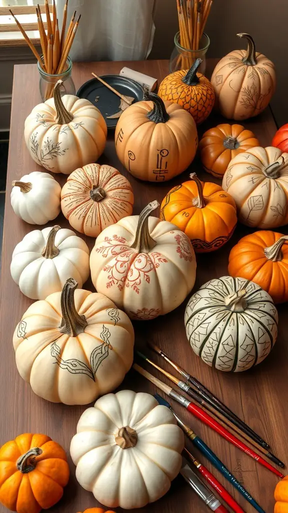 A variety of painted pumpkins on a table with paintbrushes, showcasing different designs and colors.