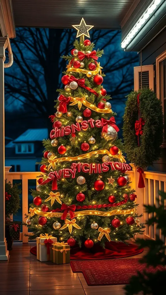 Outdoor Christmas tree decorated with red and gold ornaments, topped with a star, surrounded by gifts on a porch.
