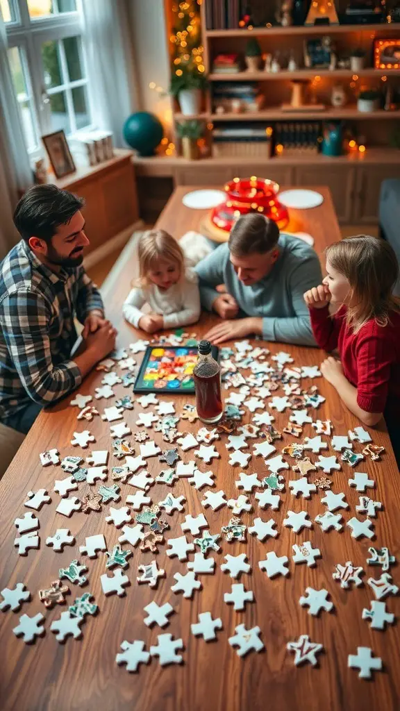 21+ Thoughtful Anniversary Gifts for Parents Celebrating 16 A family enjoying time together while assembling a puzzle on a wooden table.