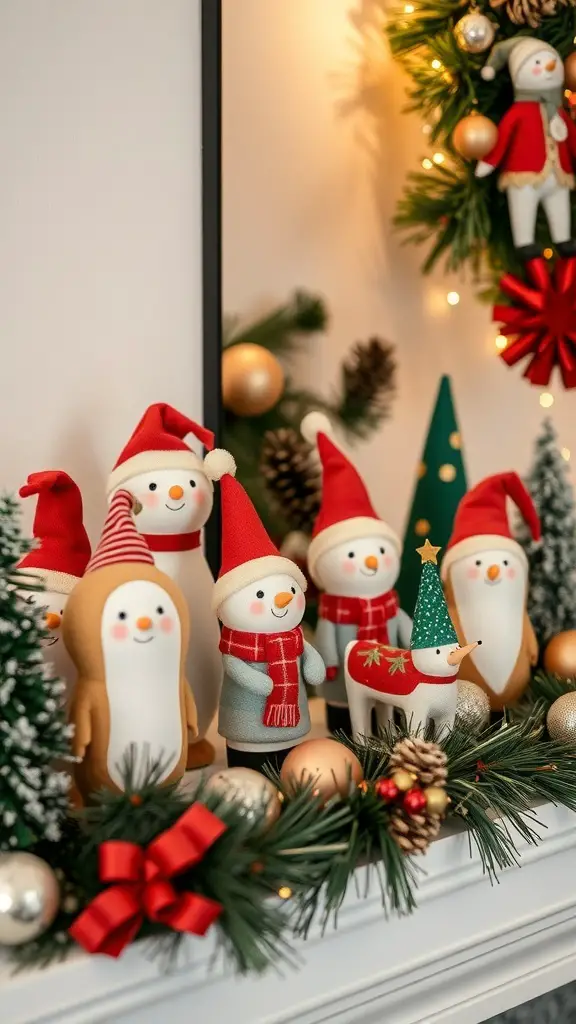 A collection of whimsical holiday figures including snowmen, a penguin, and a reindeer, all dressed in festive attire.