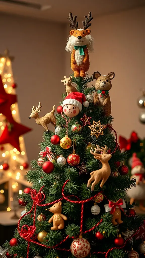 Anthro-inspired Christmas tree topper featuring a fox and other cute animal figures.