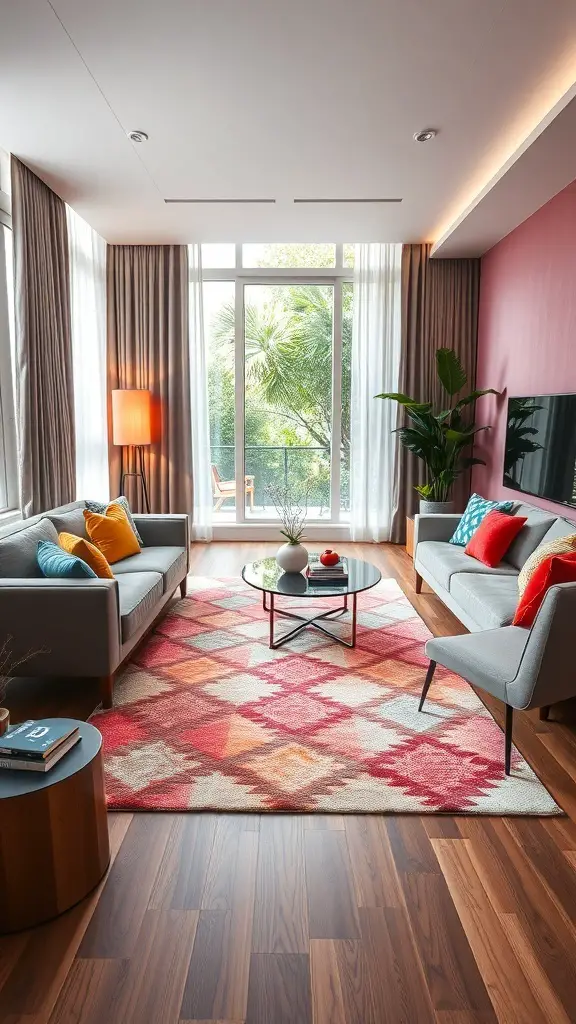 23+ Stunning Rug Design Ideas to Transform Your Space 7 A modern living room featuring a geometric patterned rug with vibrant colors, gray sofas, and wooden flooring.