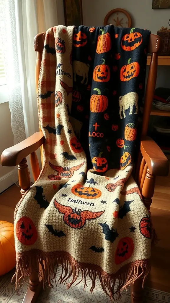 Cozy Halloween-themed throws draped over a rocking chair with pumpkins and bats patterns.