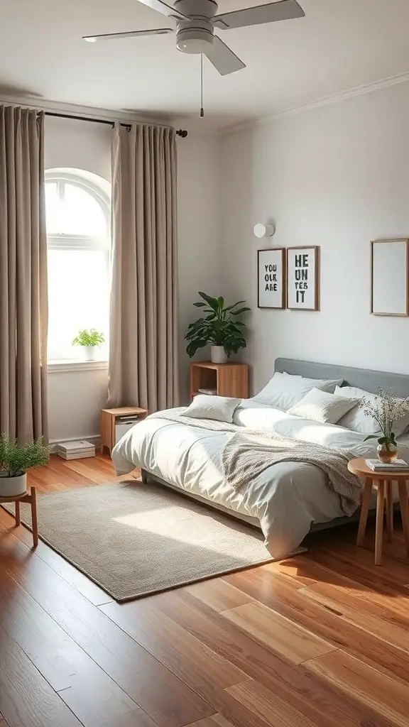 A minimalist small bedroom with a cozy bed, wooden furniture, and plants, creating a serene atmosphere.
