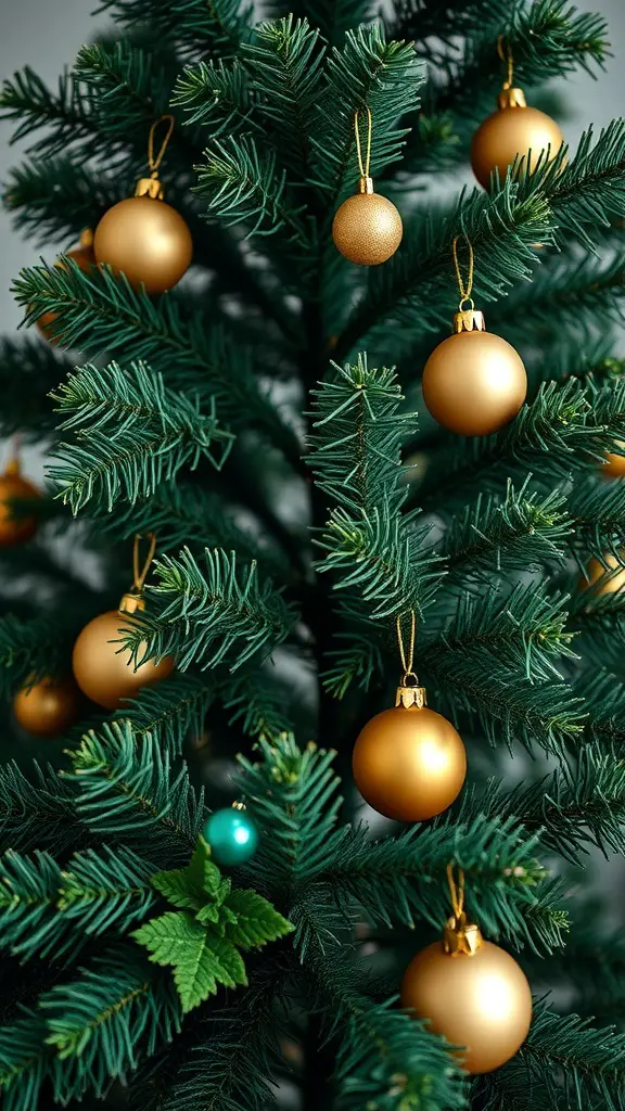A close-up of a Christmas tree with golden ornaments and green leaves.