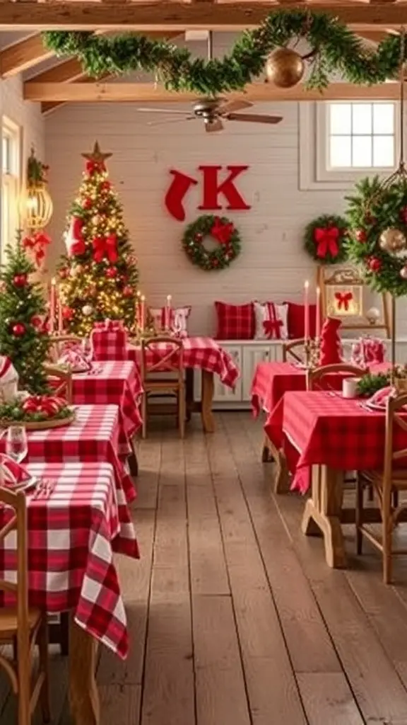 A rustic Christmas dining area with red and white checkered tablecloths, a decorated Christmas tree, and festive wreaths.