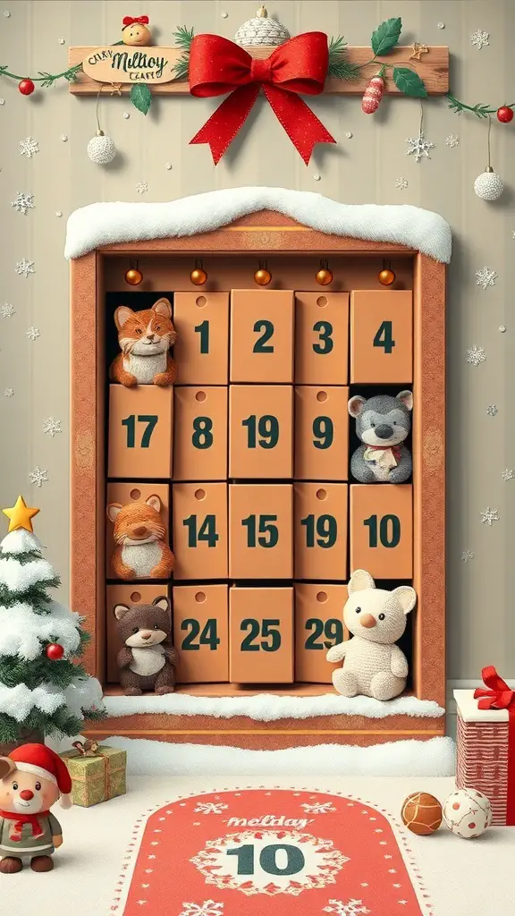 A festive advent calendar featuring plush animals in boxes, decorated with a red bow and snowflakes.