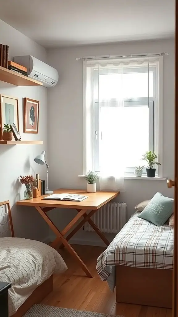35+ Cozy Tiny Bedroom Ideas for Couples: Maximize Your Space Together 11 Cozy tiny bedroom with a folding table near a window, showcasing a functional and stylish space.