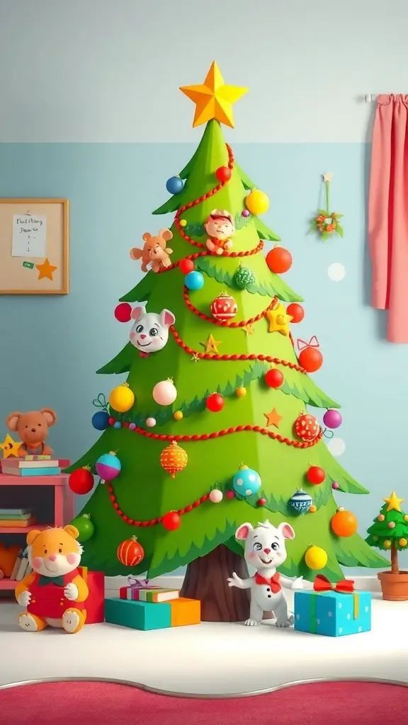 A colorful children's playroom with a green Christmas tree, plush toys, and wrapped presents.