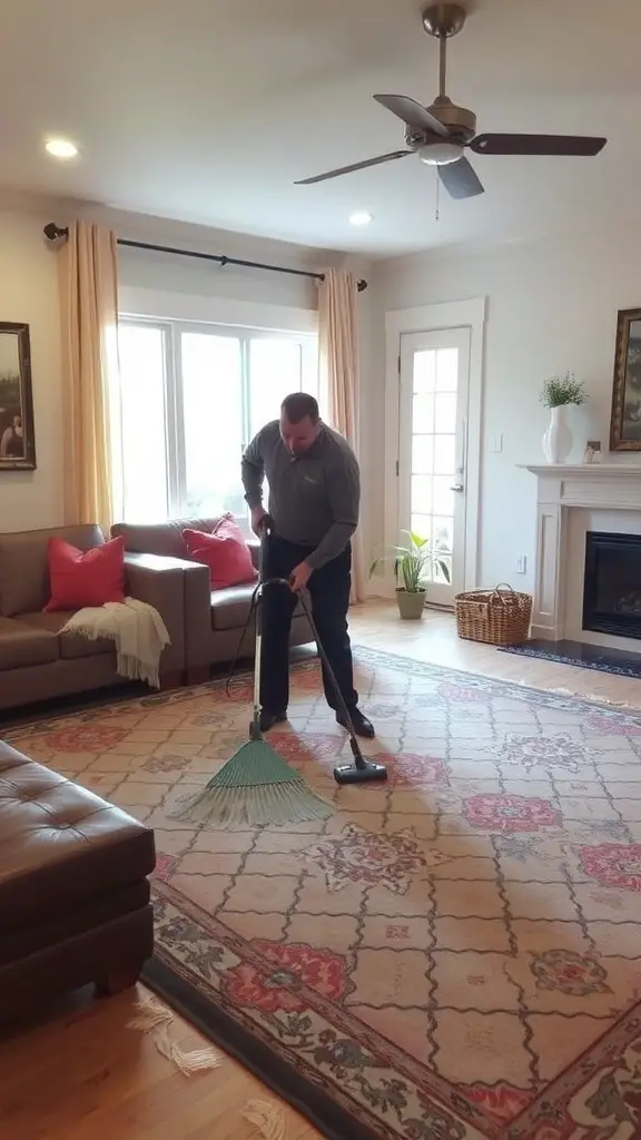 Person vacuuming a large rug in a cozy living room