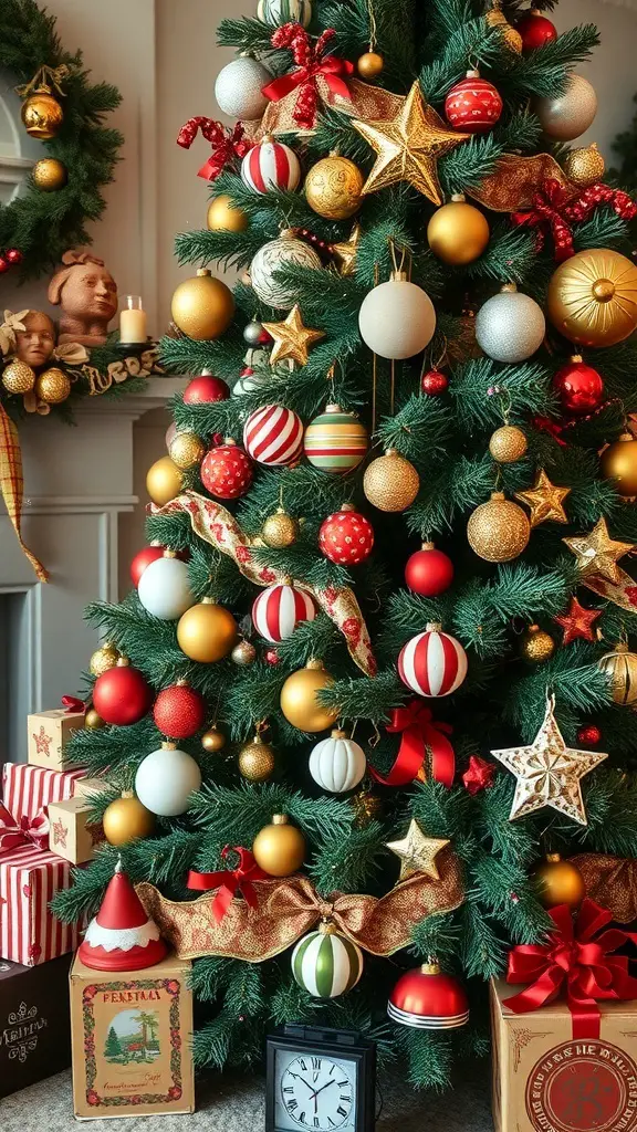An eclectic Christmas tree decorated with vintage ornaments and presents.