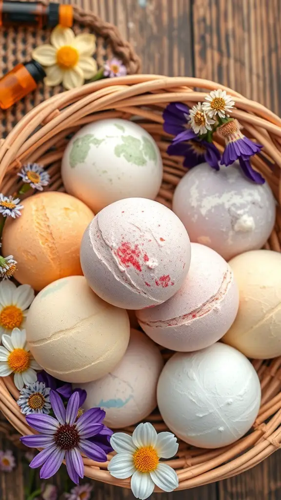 A basket filled with colorful homemade bath bombs surrounded by flowers.