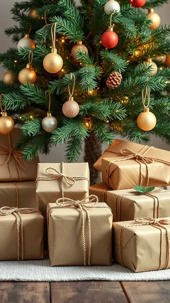 A cozy scene featuring a woodsy Christmas tree adorned with ornaments and beautifully wrapped gifts in natural tones.