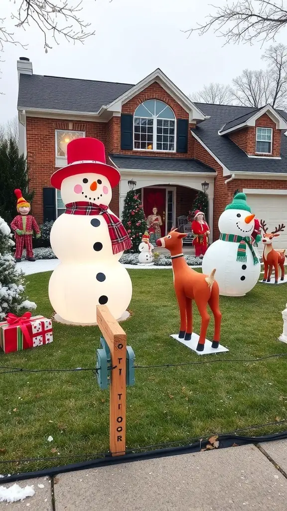 A festive Christmas lawn display featuring inflatable snowmen and a reindeer in front of a decorated house.
