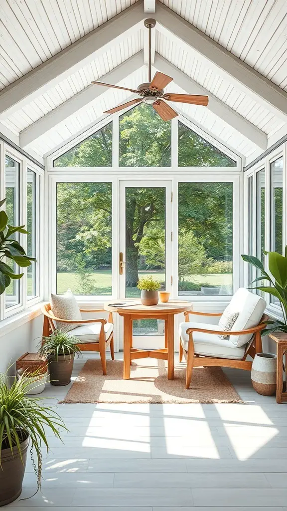 A cozy sunroom with large windows, wooden furniture, and plants, designed for multiple uses.
